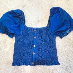 Blue Smocked Puff Sleeve Top